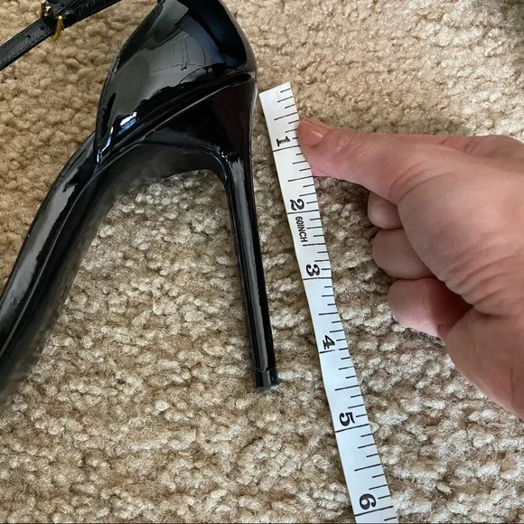 SAINT LAURENT BLACK PATENT VERNICE CHIFFON LEATHER HIGH HEEL SIZE 37 /7 - Picture 14 of 16